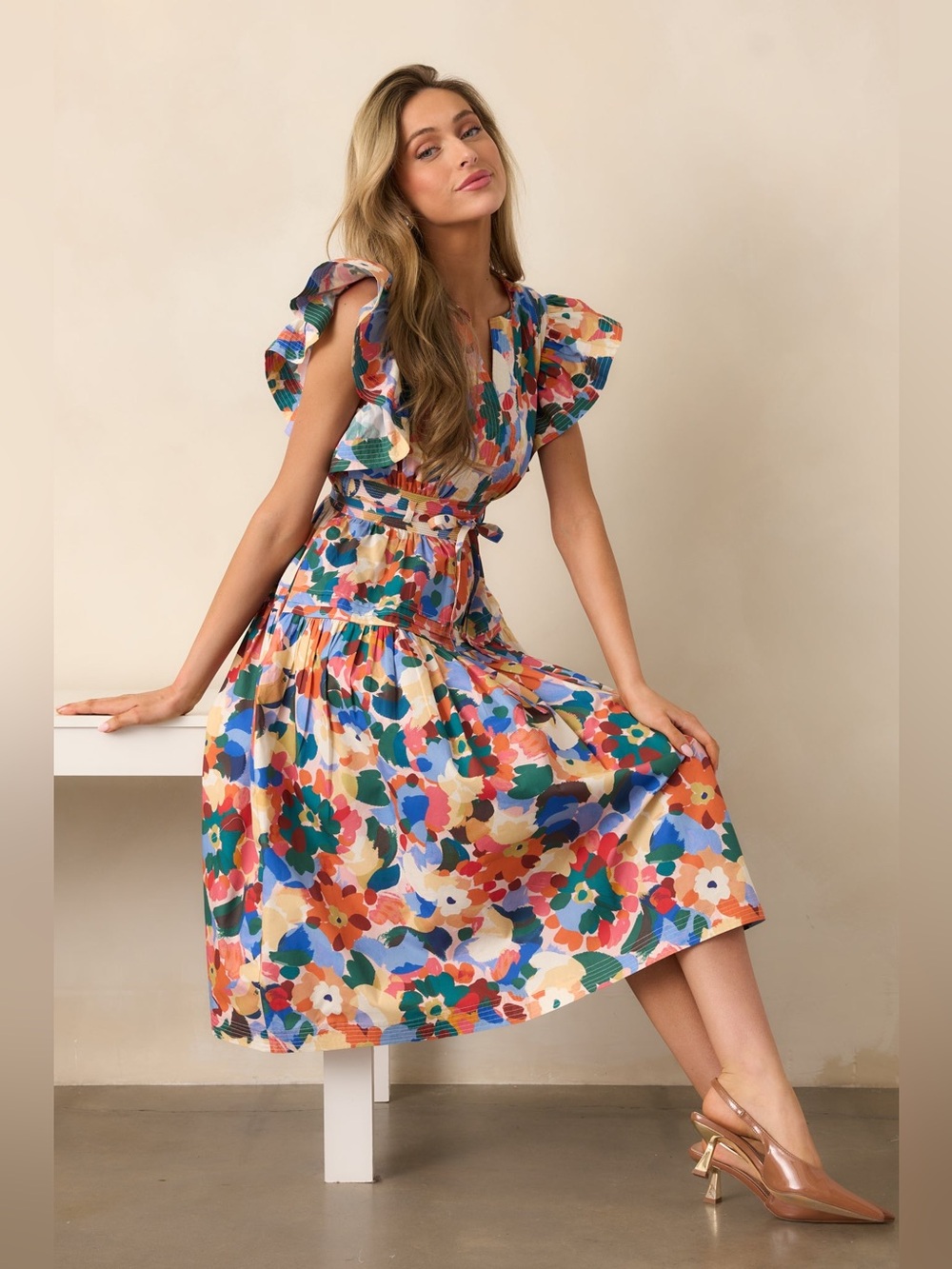 NWT| Prosperina Astor Orange Multi Floral Print Cotton Midi Dress